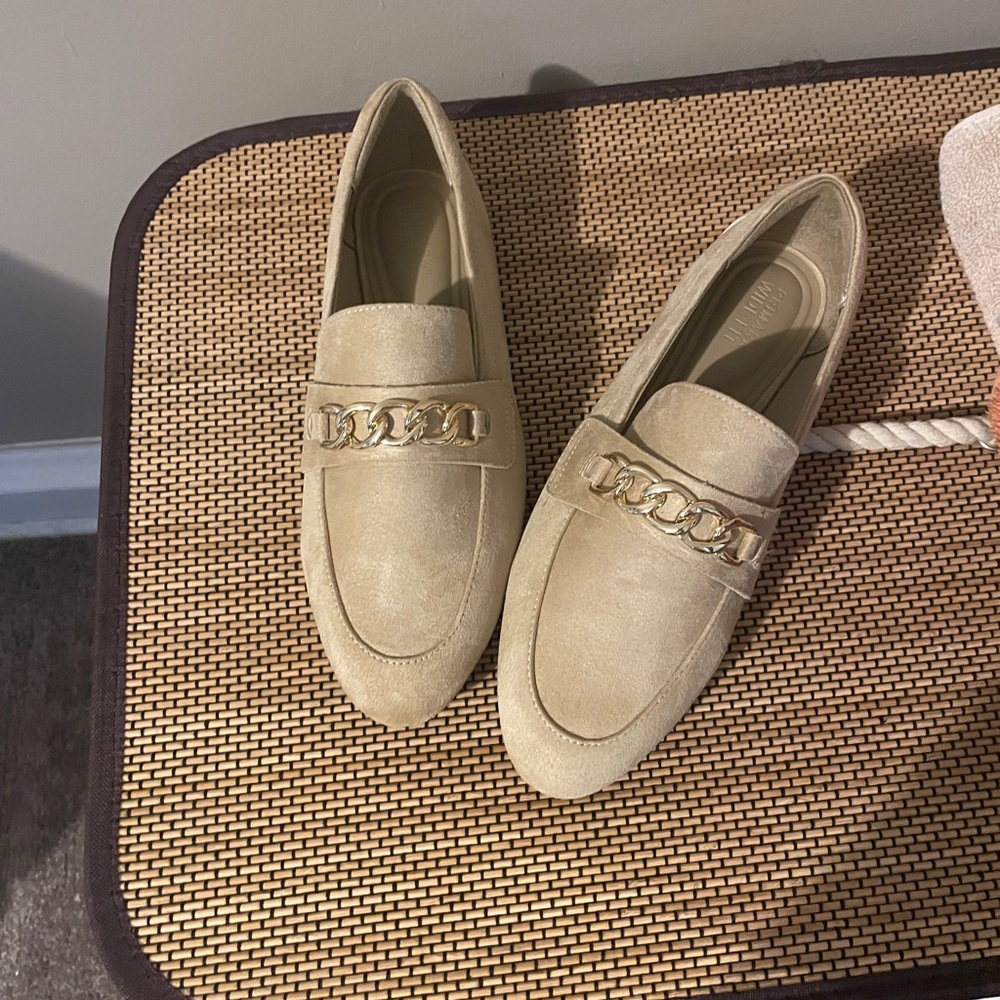 New Beige Loafers with Gold Chain Accent
